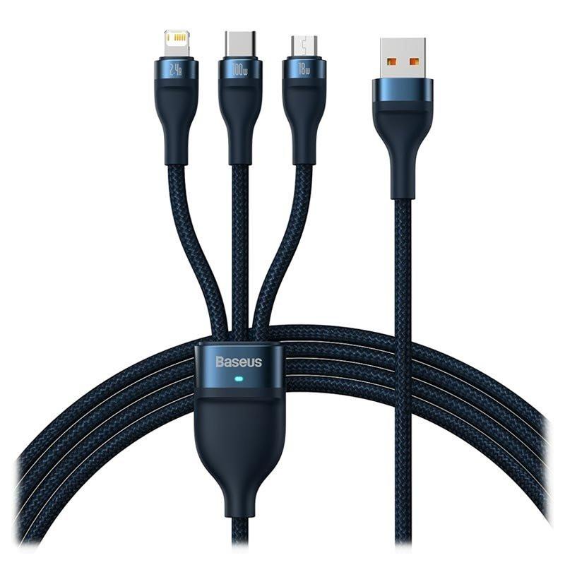 کابل تبدیل USB به USB-C / microUSB / لایتنینگ باسئوس مدل ONE-FOR-THREE 100Wطول 1.2 متر - تصویر 1