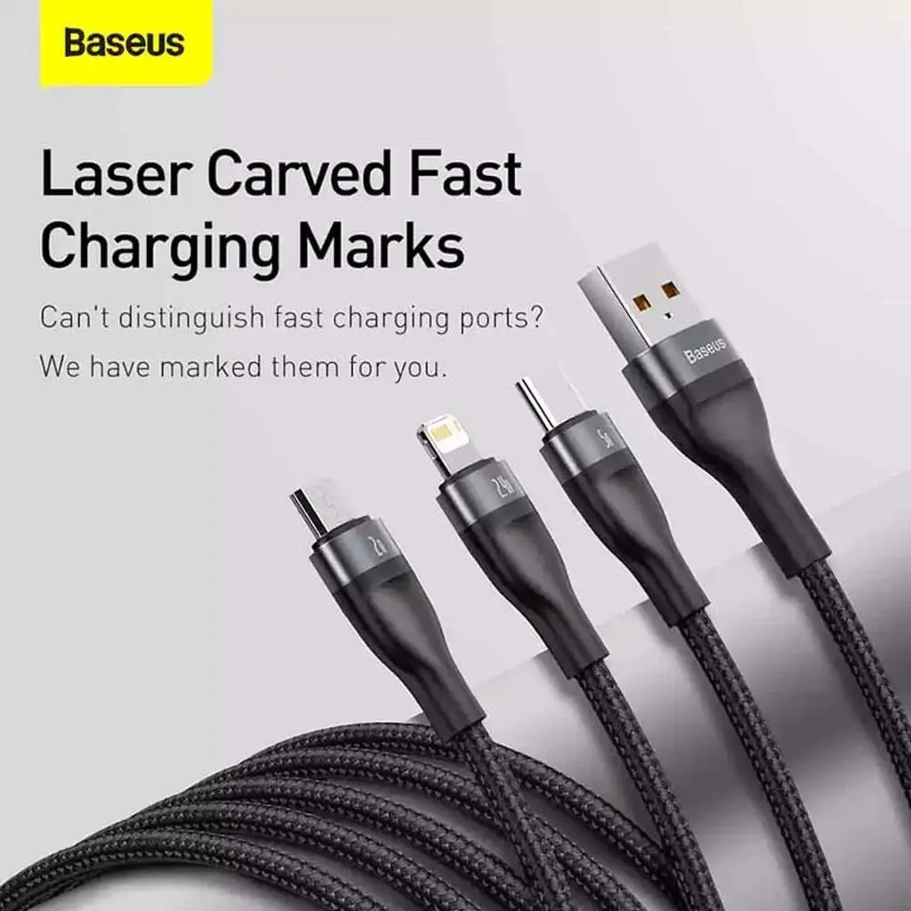 کابل تبدیل USB به USB-C / microUSB / لایتنینگ باسئوس مدل ONE-FOR-THREE 100Wطول 1.2 متر - تصویر 5