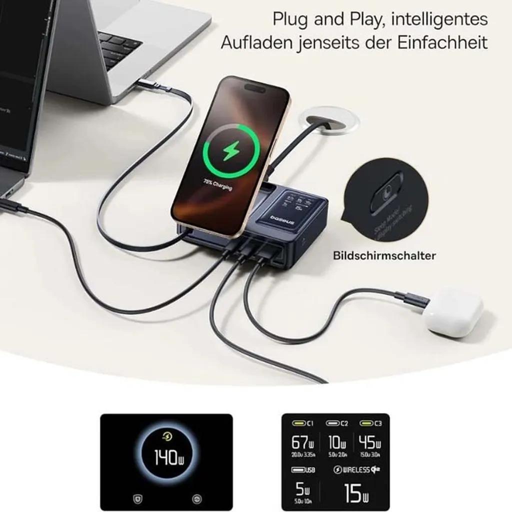شارژر رومیزی 140 وات پنج پورت بیسوس مدل Nomos Qi2 140W - تصویر 3