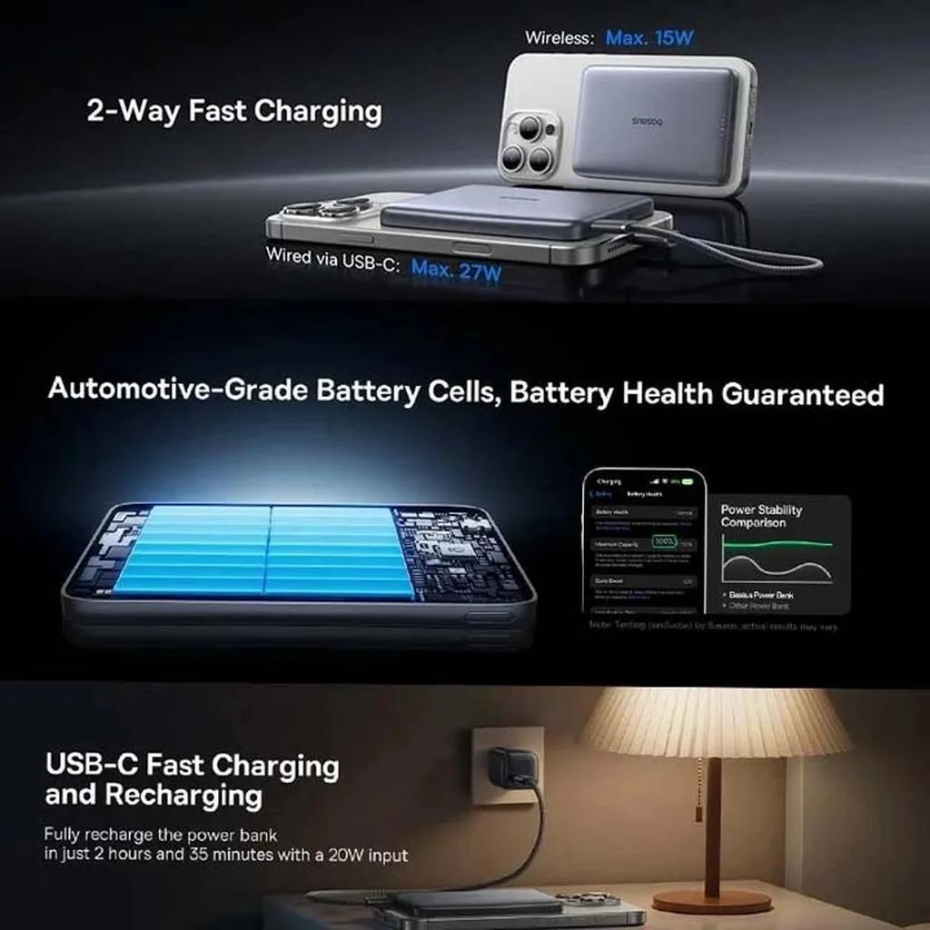 پاوربانک 27 وات بیسوس مدل PicoGo Ultra-Slim Qi2 ظرفیت 10000 میلیآمپرساعت - تصویر 8