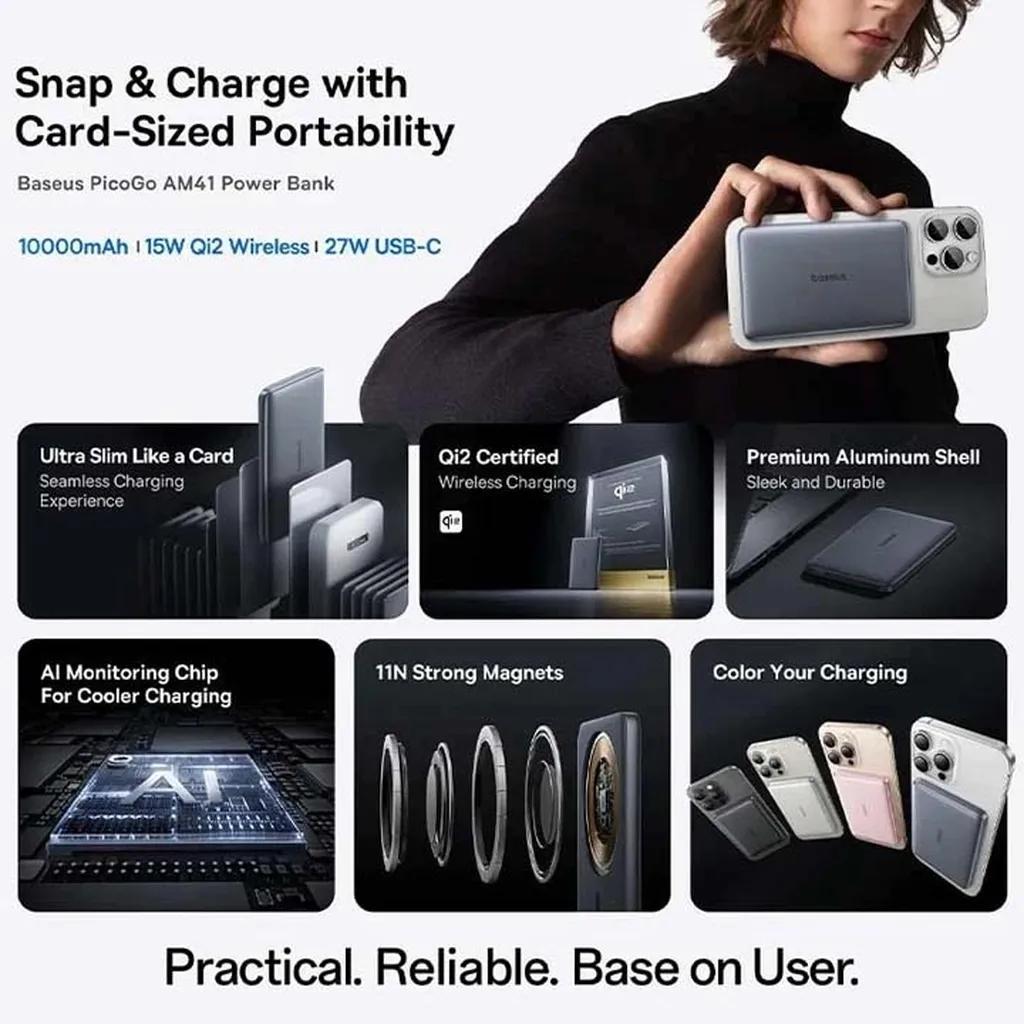 پاوربانک 27 وات بیسوس مدل PicoGo Ultra-Slim Qi2 ظرفیت 10000 میلیآمپرساعت - تصویر 6