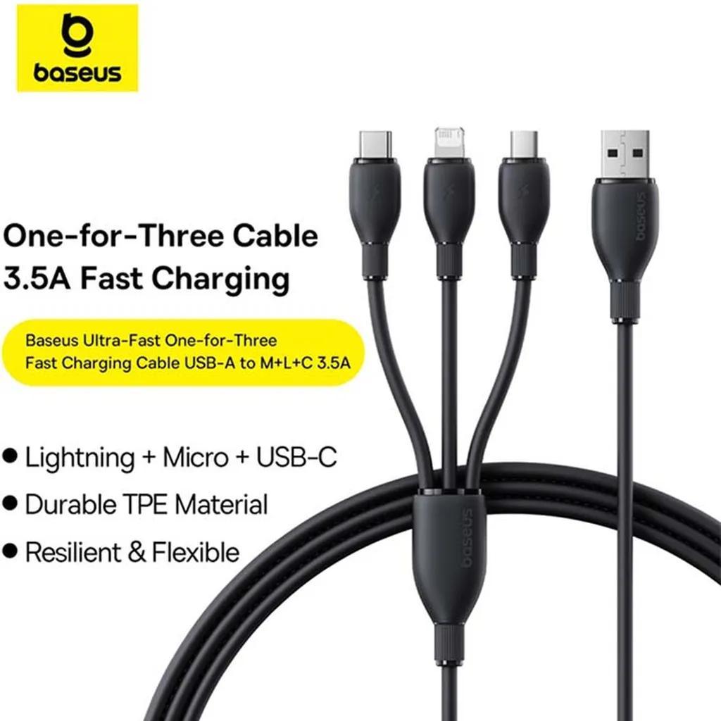 کابل تبدیل USB به لایتنینگ/USB-C/micro-USB بیسوس مدل Ultra-Fast 3.5A طول 1.3 متر - تصویر 3