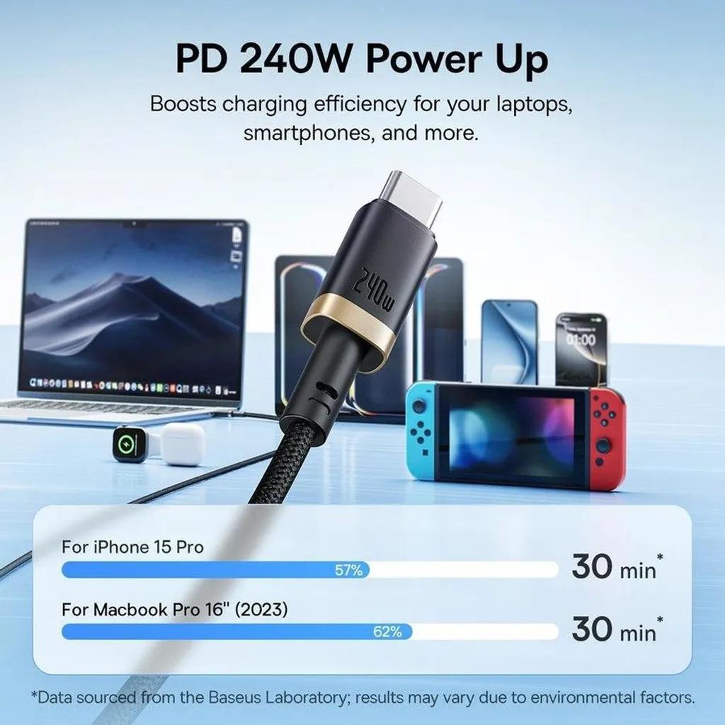 کابل تبدیل USB-C بیسوس مدل Dura Series 240W طول 1 متر - تصویر 2