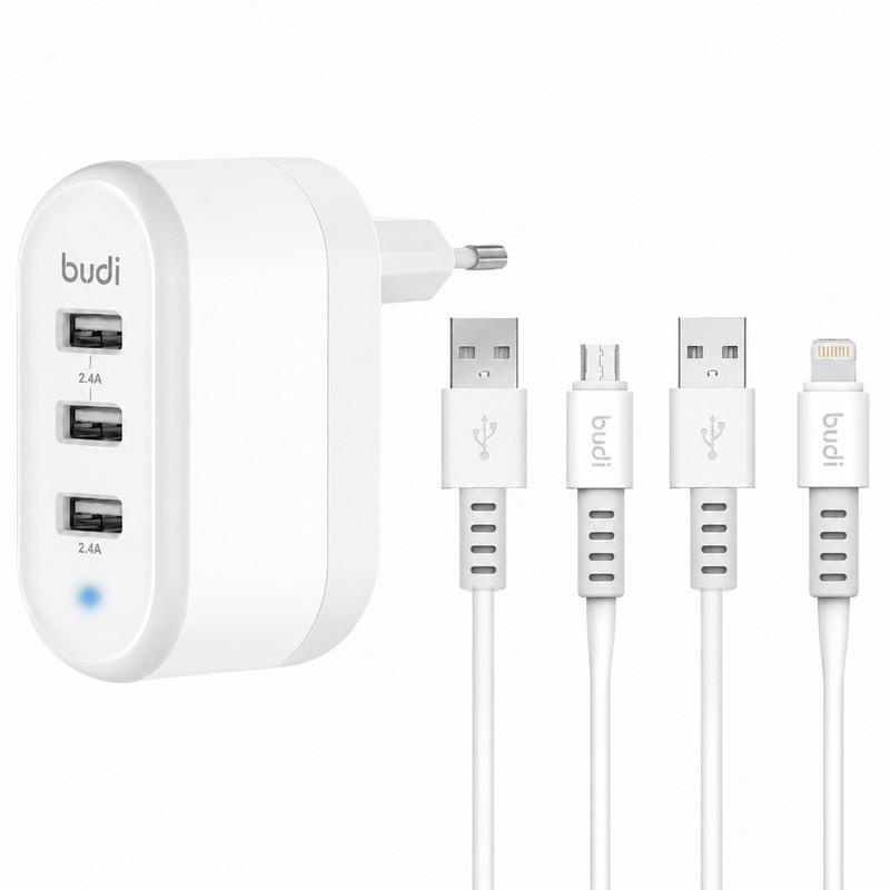 شارژر دیواری 12 وات سه پورت بودی مدل M8J312EM به همراه کابل تبدیل USB-A به Micro-USB و USB-A به لایتنینگ - تصویر 1